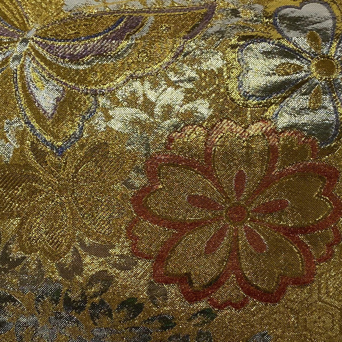 袋帶 美品 秀品級 蝴蝶 櫻花 金絲 金金箔 金色 六通 純蠶絲