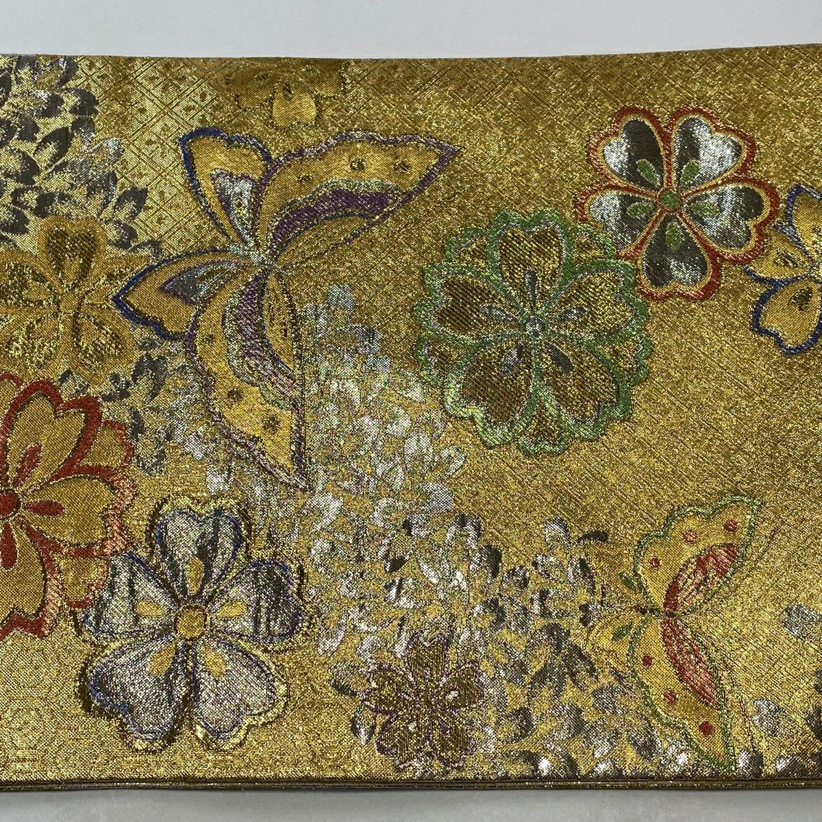 袋帶 美品 秀品級 蝴蝶 櫻花 金絲 金金箔 金色 六通 純蠶絲