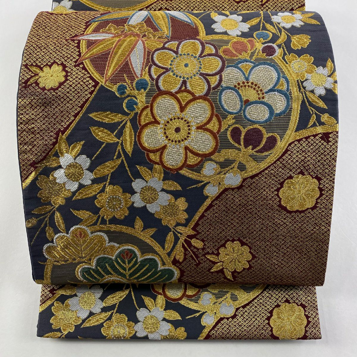 袋帶 美品 秀品級 松樹竹子梅花 樱花 唐織 金金箔 青灰 深藍色 六通 純蠶絲
