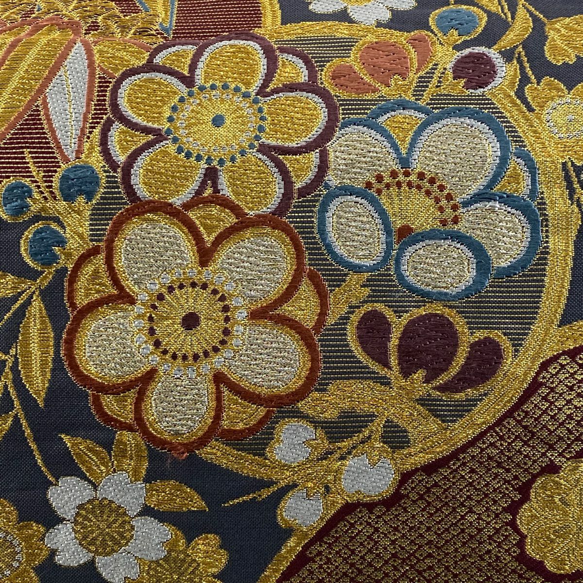 袋帶 美品 秀品級 松樹竹子梅花 樱花 唐織 金金箔 青灰 深藍色 六通 純蠶絲