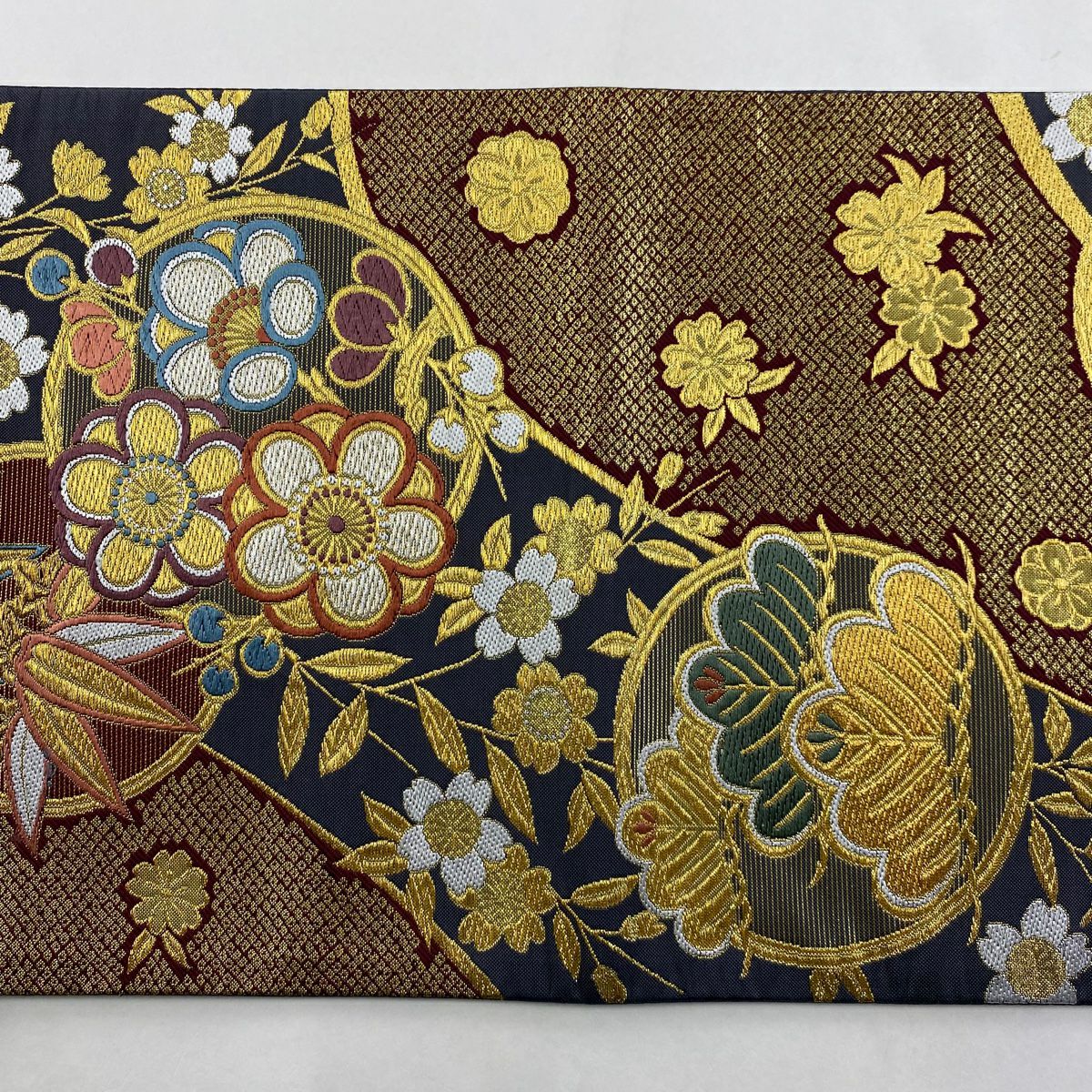 袋帶 美品 秀品級 松樹竹子梅花 樱花 唐織 金金箔 青灰 深藍色 六通 純蠶絲