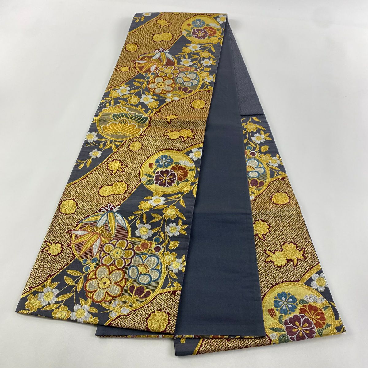 袋帶 美品 秀品級 松樹竹子梅花 樱花 唐織 金金箔 青灰 深藍色 六通 純蠶絲