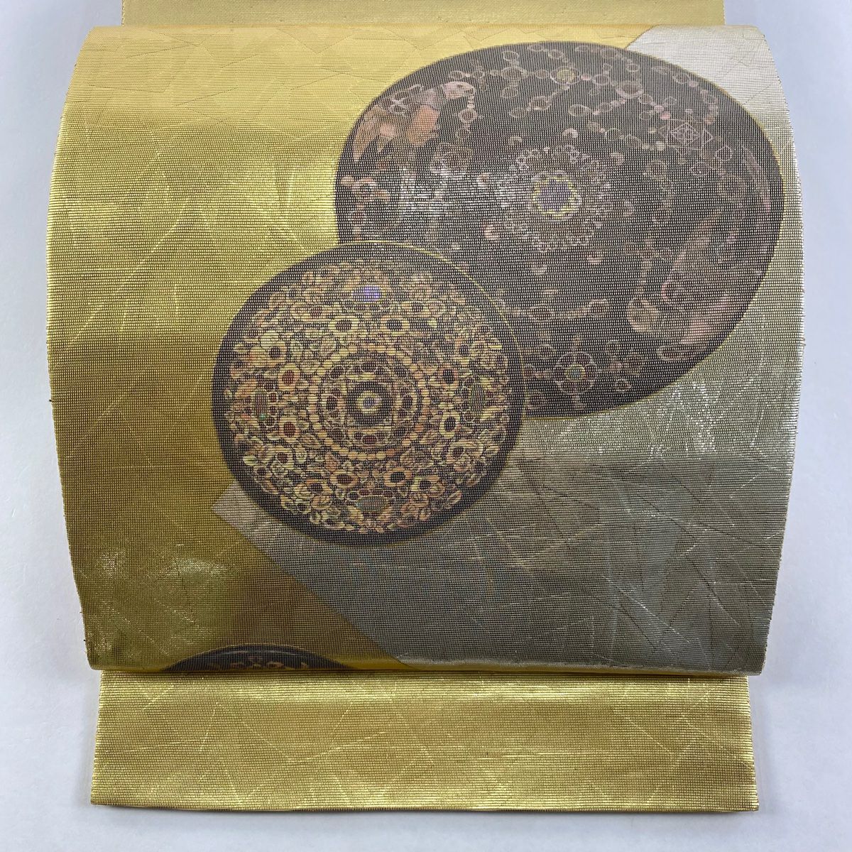袋帶 秀品級 華紋 幾何圖案 金金箔 螺鈿 金色 大鼓圖案 純蠶絲