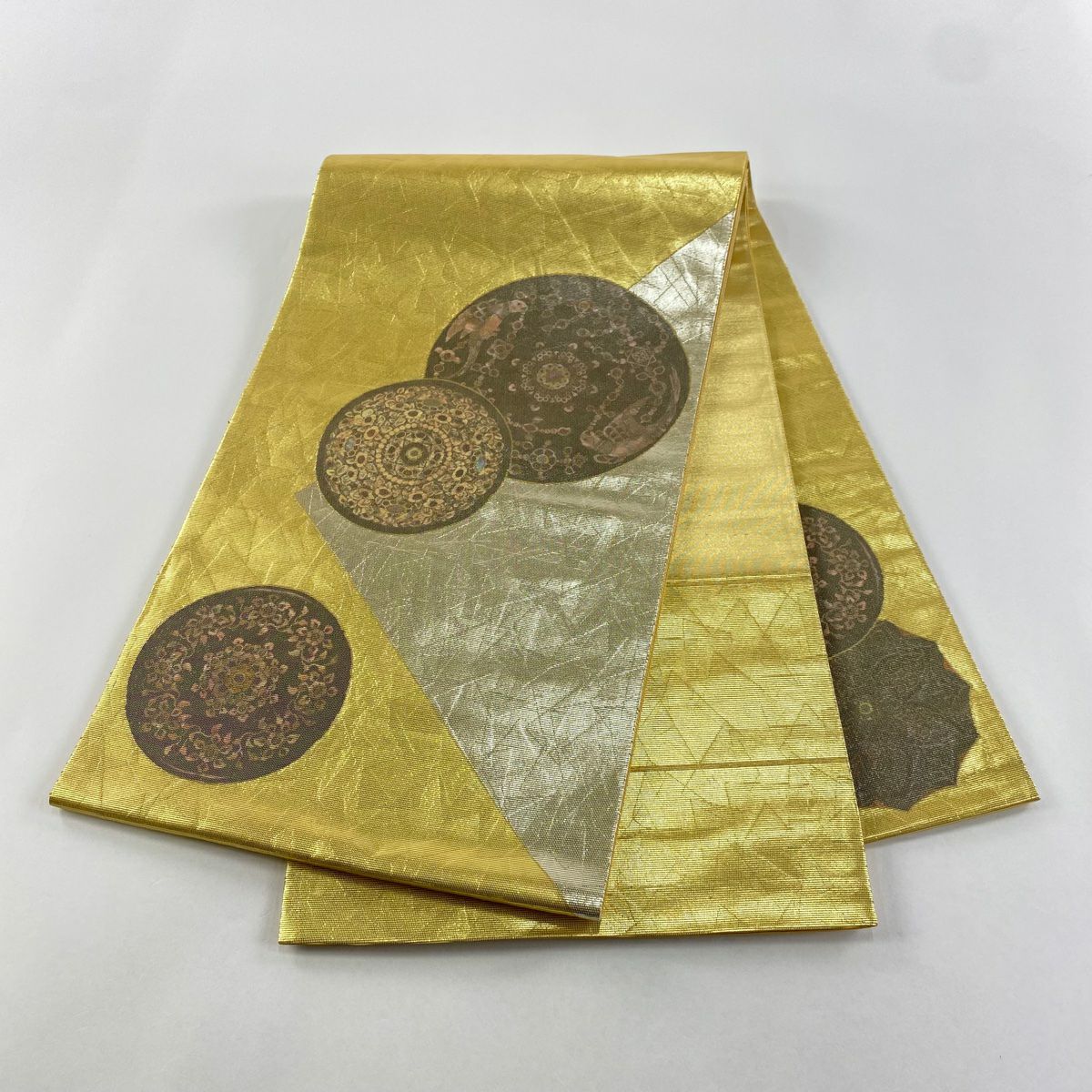 袋帶 秀品級 華紋 幾何圖案 金金箔 螺鈿 金色 大鼓圖案 純蠶絲