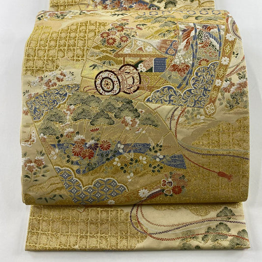 袋帶 秀品級 桧扇子 雲文 金絲 金金箔 米色 六通 純蠶絲