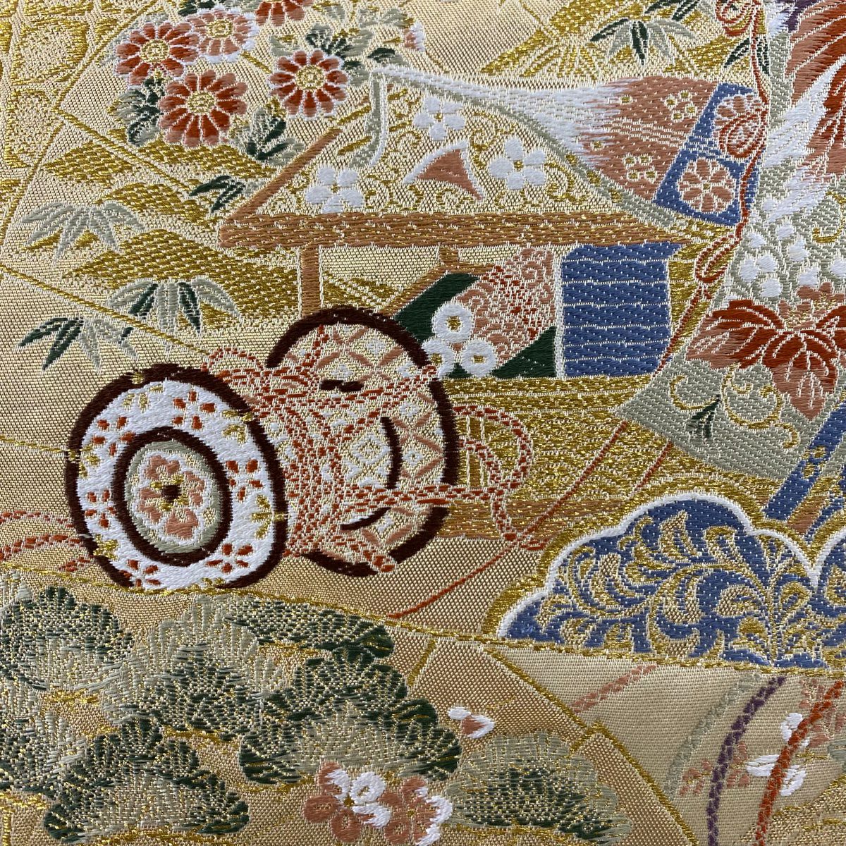 袋帶 秀品級 桧扇子 雲文 金絲 金金箔 米色 六通 純蠶絲