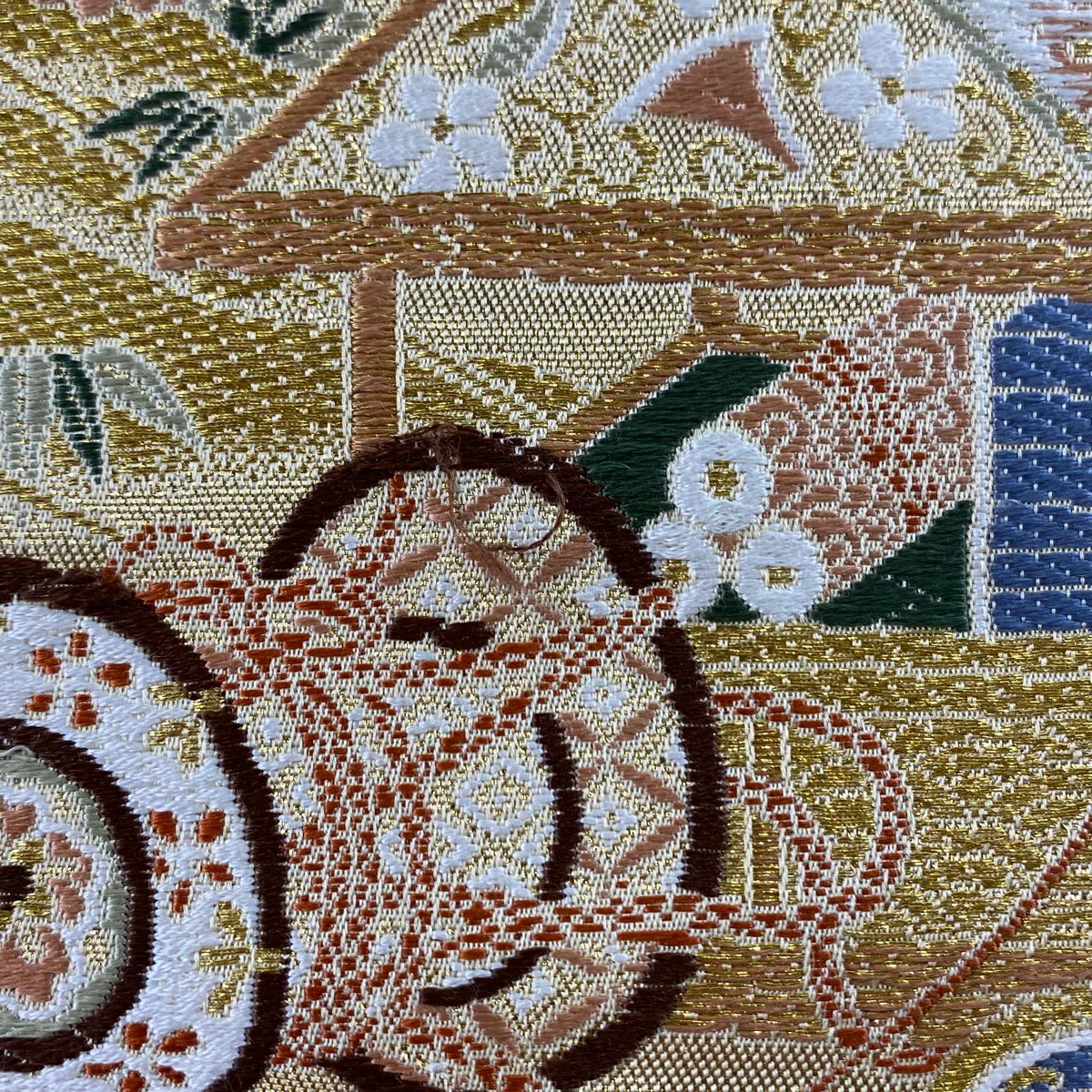 袋帶 秀品級 桧扇子 雲文 金絲 金金箔 米色 六通 純蠶絲
