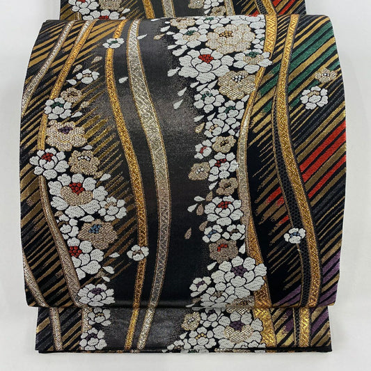 袋帶 秀品級 花 よろけ縞 灰 深藍 六通 純蠶絲