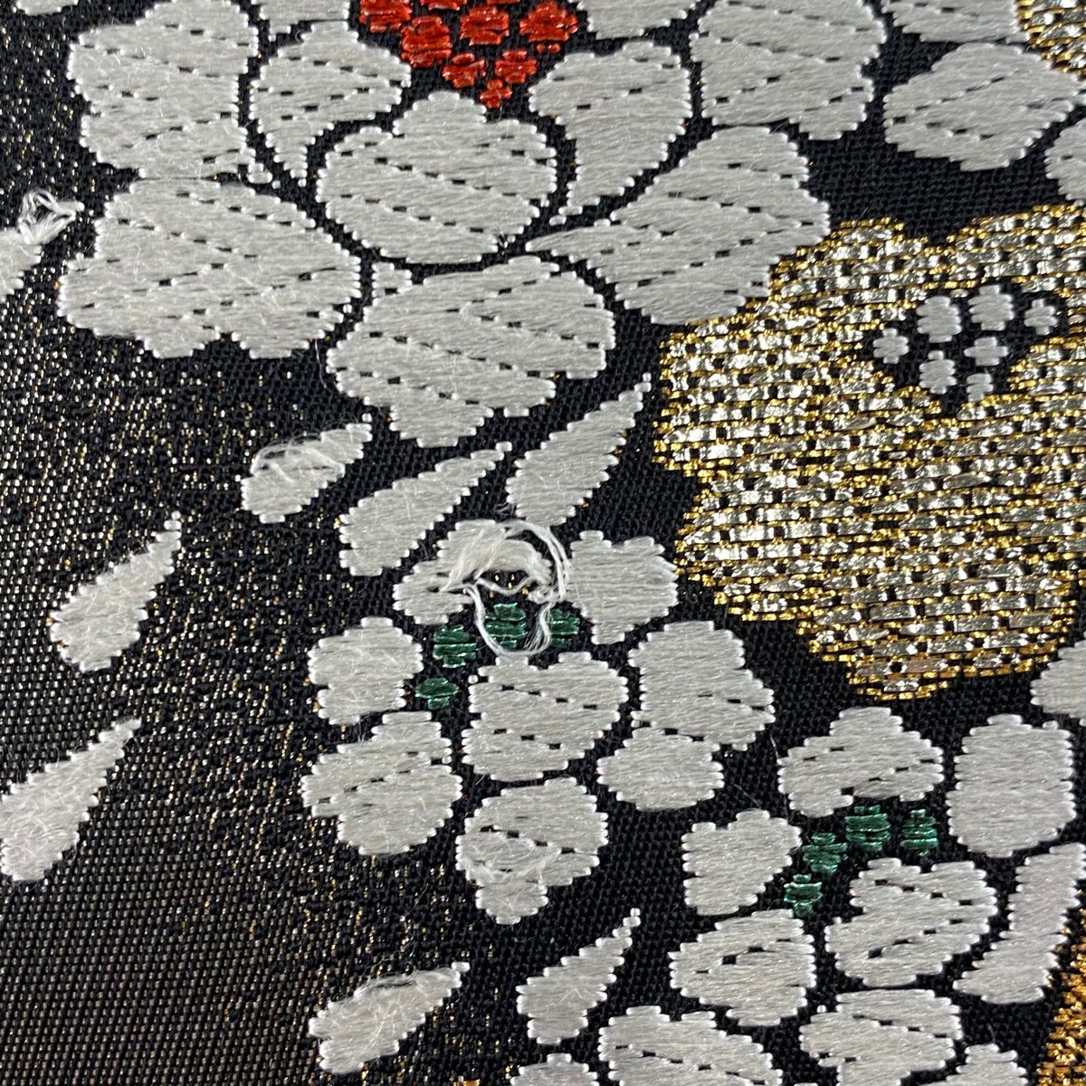 袋帶 秀品級 花 よろけ縞 灰 深藍 六通 純蠶絲