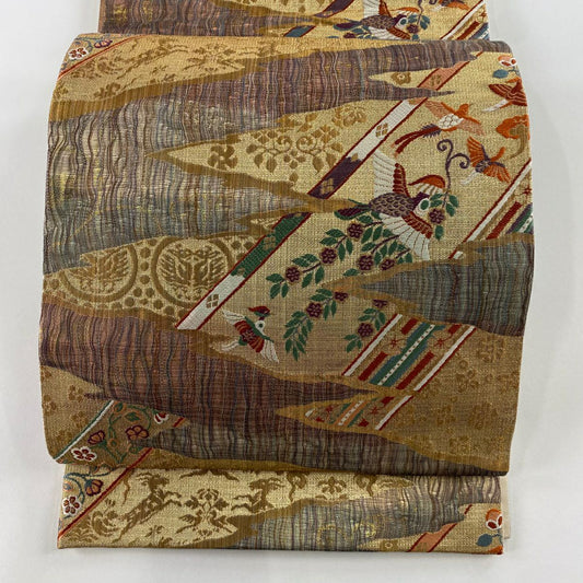 袋帶 秀品級 花喰鳥 霞 金絲 金金箔 金 六通 純蠶絲
