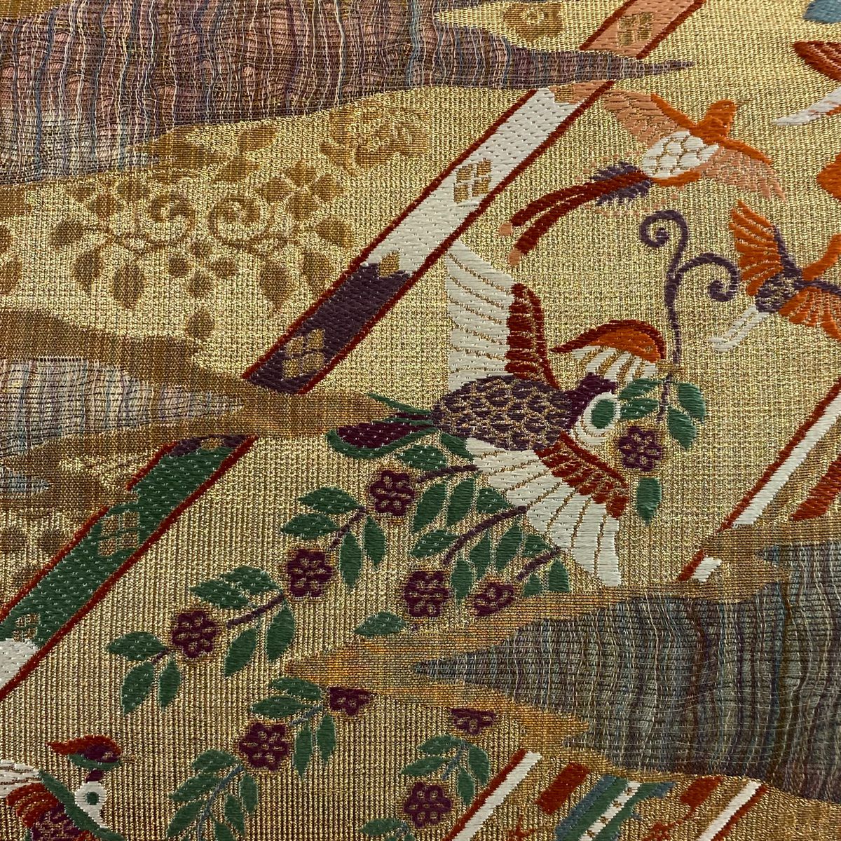 袋帶 秀品級 花喰鳥 霞 金絲 金金箔 金 六通 純蠶絲