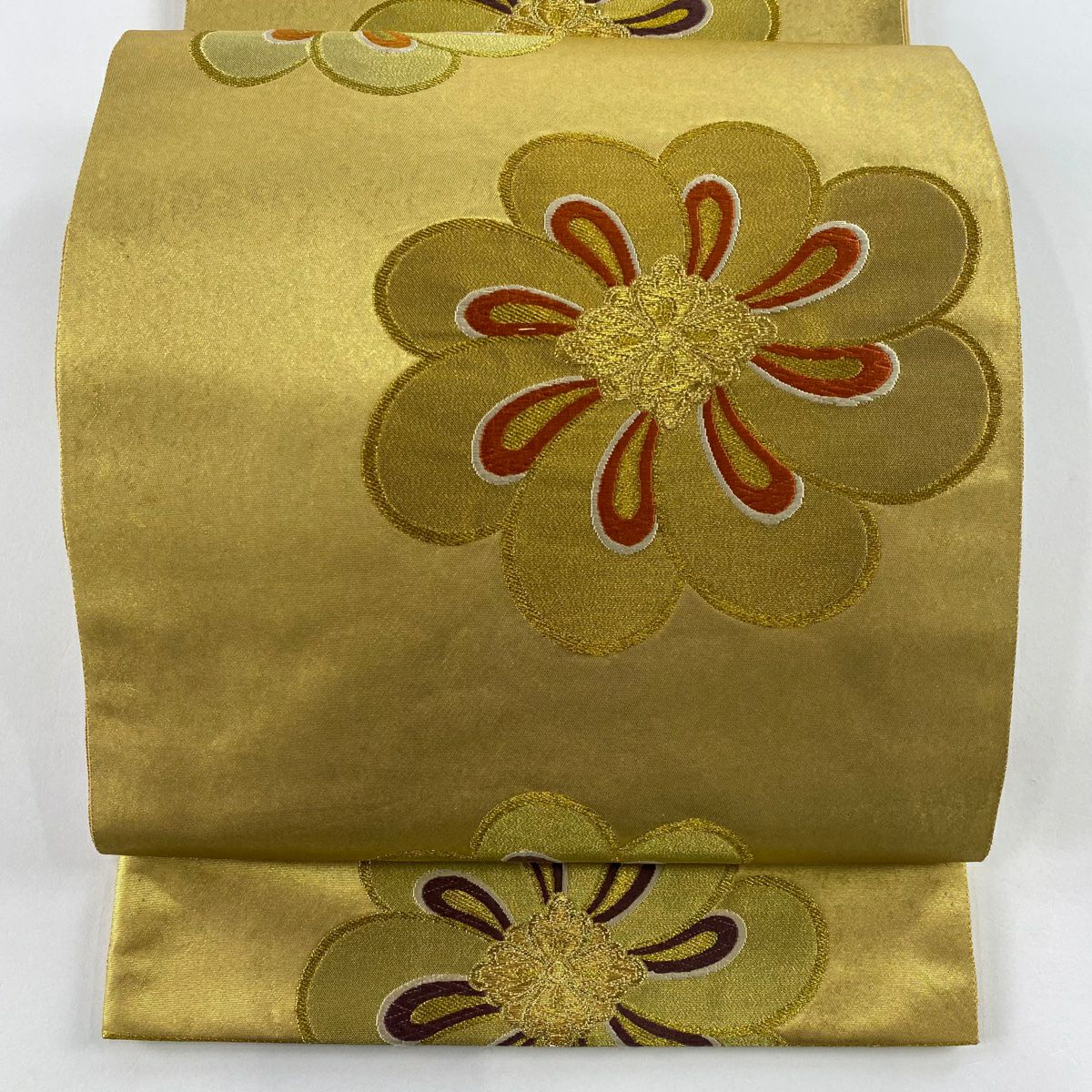 袋帶 美品 秀品級 關西仕立 花 金絲 唐織 金色 六通 純蠶絲