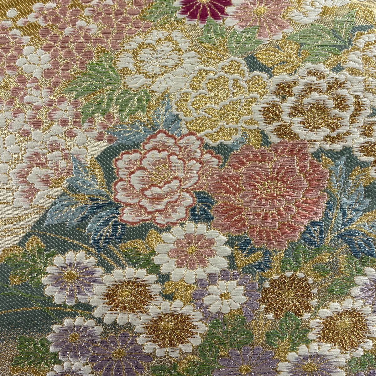 袋帶 美品 秀品級 山水花的彩 草花紋 流水 金絲 金金箔 米色 六通 純蠶絲