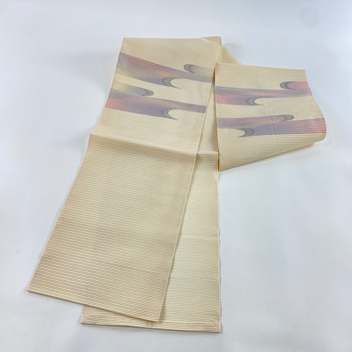 名古屋帶 秀品級 夏帶 絽 八寸名古屋帶 幾何學圖案 銀線 米色 純蠶絲
