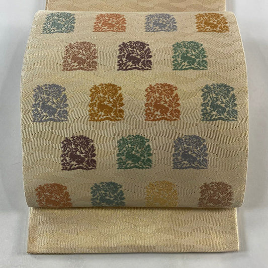 袋帶 秀品級 花兔 菱形 刺繡 金金箔 米色 お太鼓圖案 純蠶絲