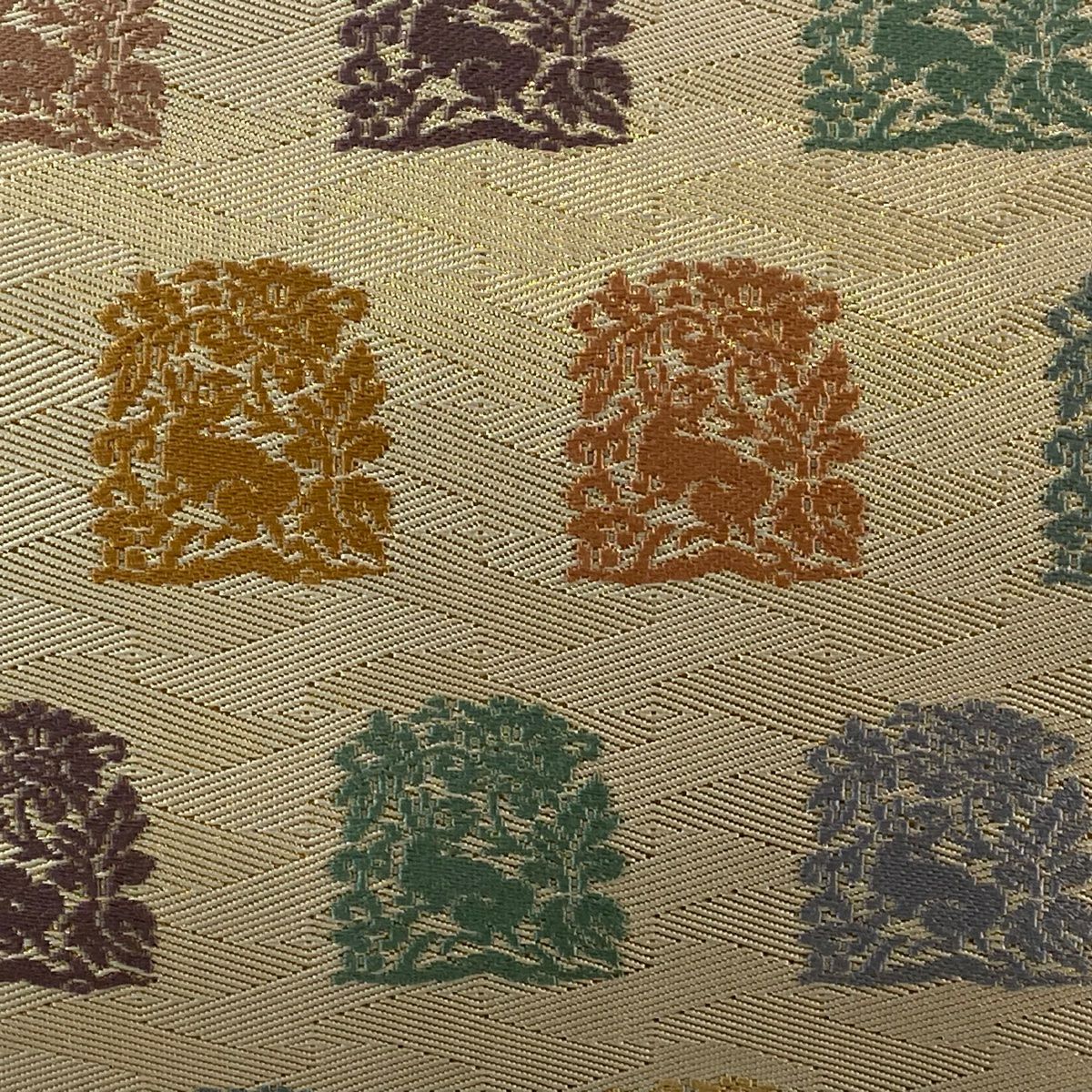 袋帶 秀品級 花兔 菱形 刺繡 金金箔 米色 お太鼓圖案 純蠶絲