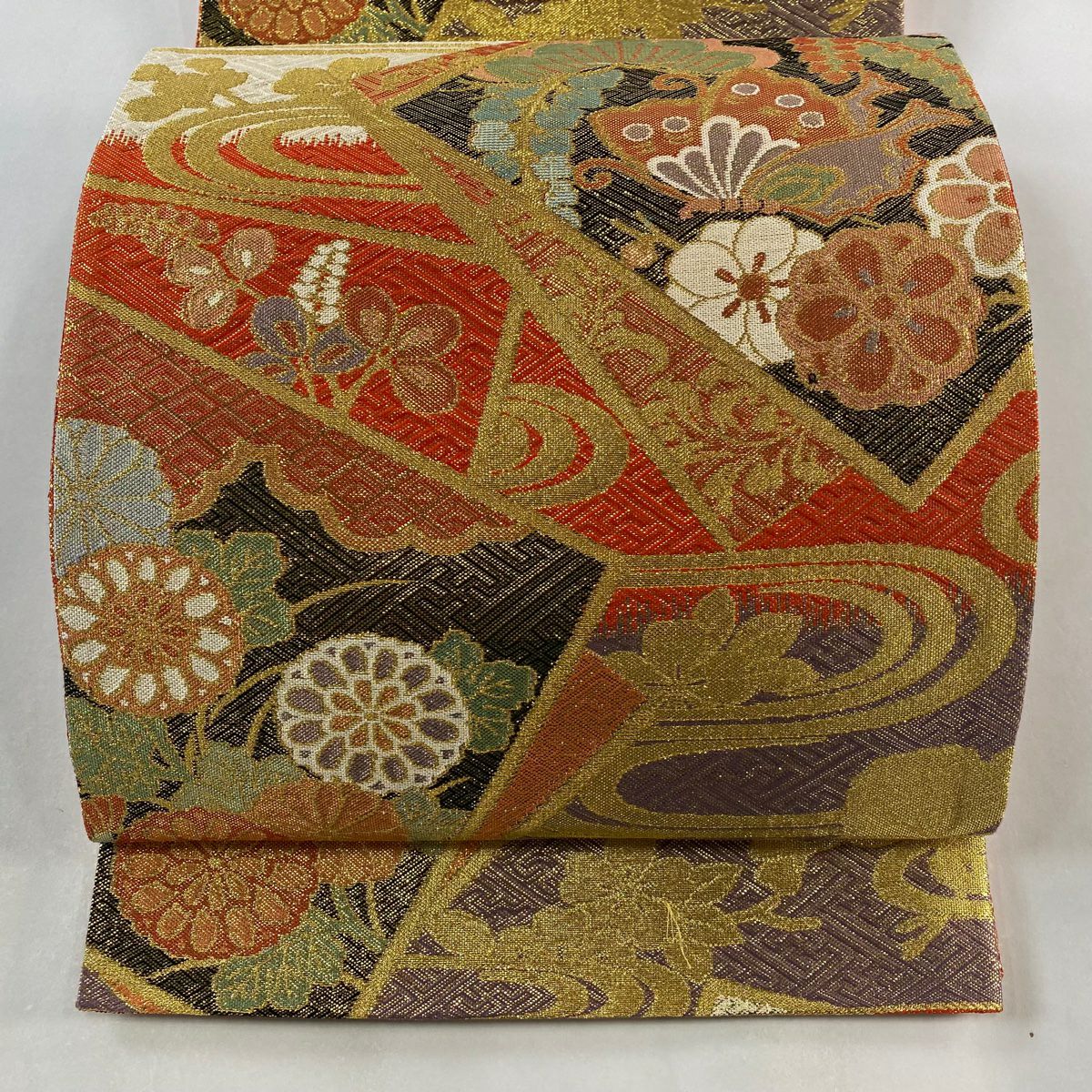 袋帶 秀品級 關西仕立 雛菊花 秋草 金金箔 金絲 朱 紅 六通 純蠶絲
