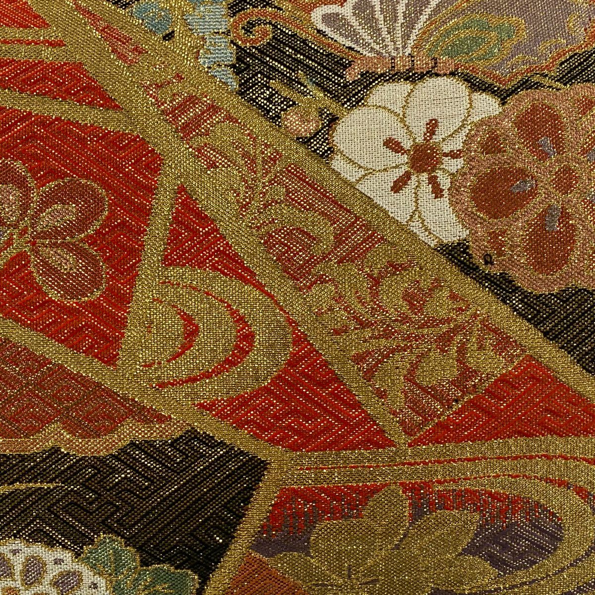 袋帶 秀品級 關西仕立 雛菊花 秋草 金金箔 金絲 朱 紅 六通 純蠶絲
