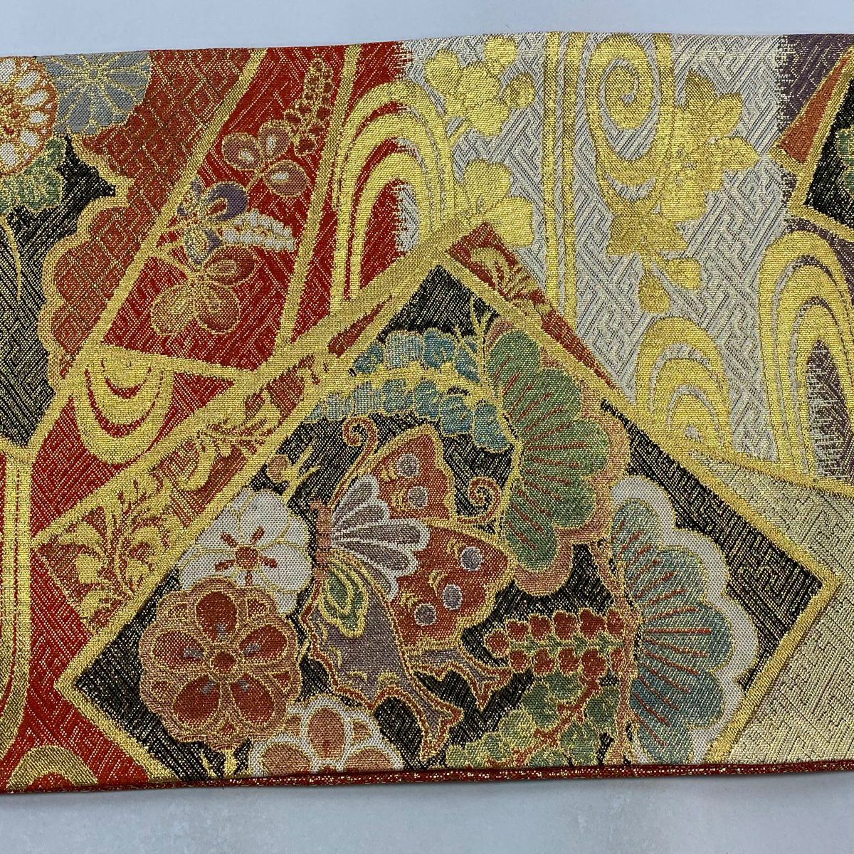 袋帶 秀品級 關西仕立 雛菊花 秋草 金金箔 金絲 朱 紅 六通 純蠶絲