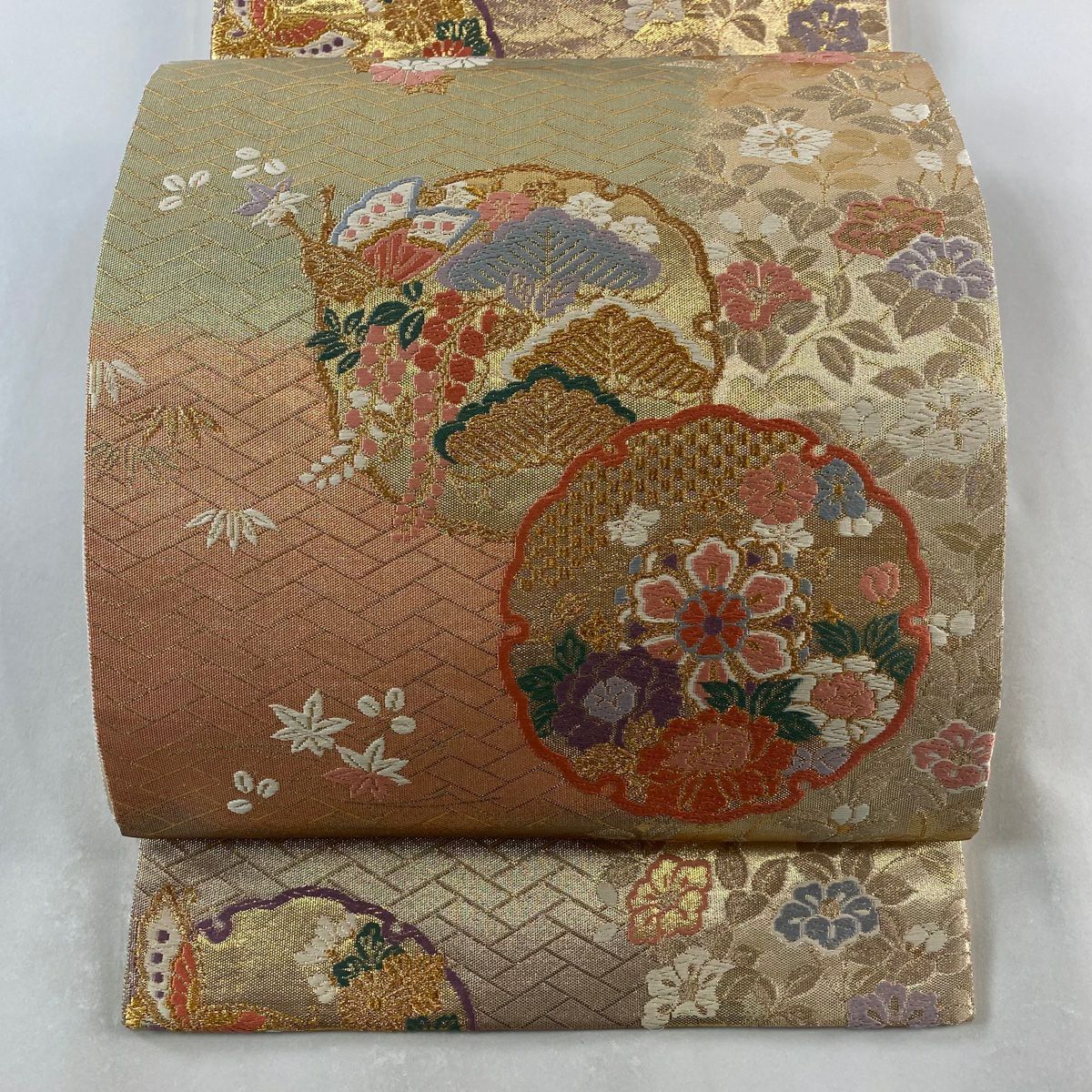 袋帶 秀品級 雪輪 蝶 刺繡 金絲 金 六通 純蠶絲