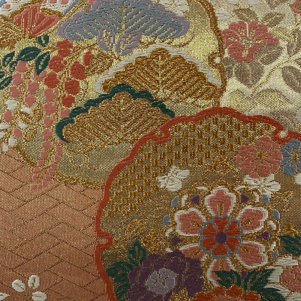 袋帶 秀品級 雪輪 蝶 刺繡 金絲 金 六通 純蠶絲