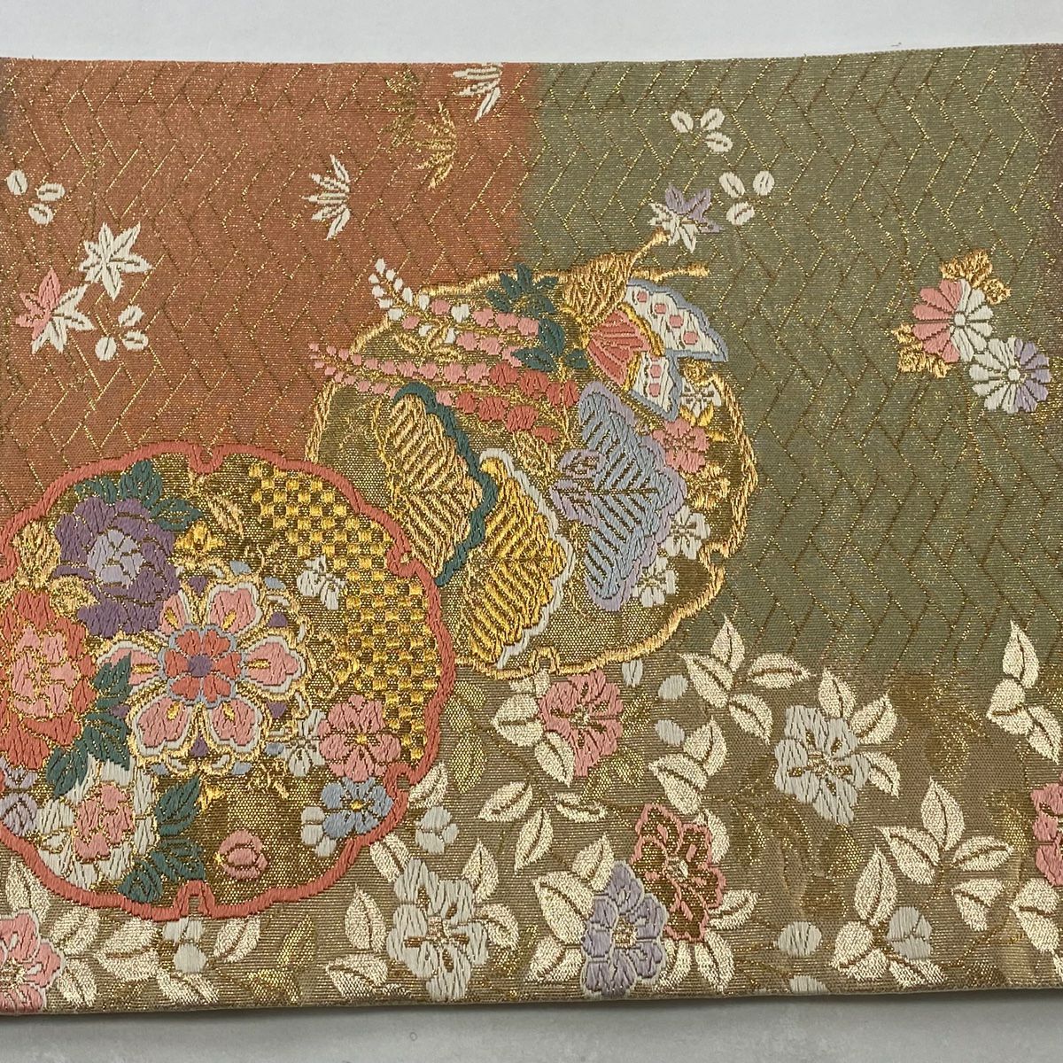 袋帶 秀品級 雪輪 蝶 刺繡 金絲 金 六通 純蠶絲