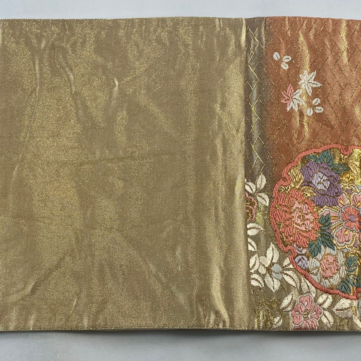 袋帶 秀品級 雪輪 蝶 刺繡 金絲 金 六通 純蠶絲