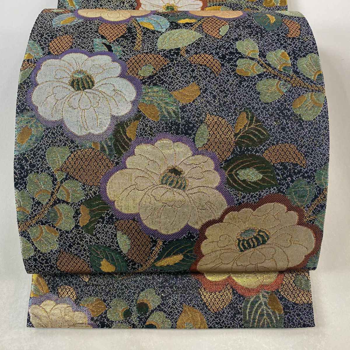 袋帶 美品 秀品級 椿 金金箔 紫 六通 純蠶絲