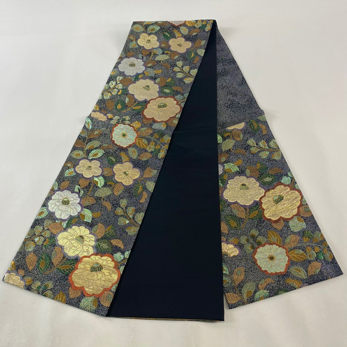 袋帶 美品 秀品級 椿 金金箔 紫 六通 純蠶絲