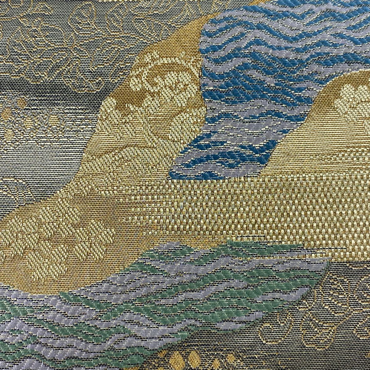 袋帶 美品 秀品級 草花紋紋 霞 金絲 金金箔 銀色 六通 純蠶絲