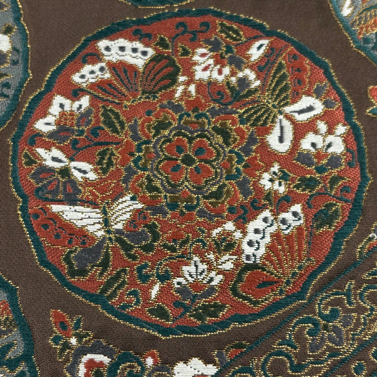 袋帶 美品 秀品級 花唐草紋 蝶 金金箔 焦茶 六通 純蠶絲