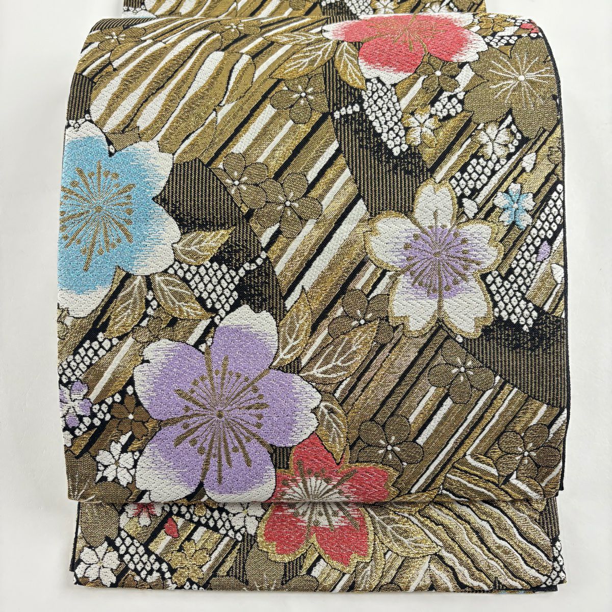 袋帶 秀品級櫻梅花金絲金箔金色六通 純蠶絲