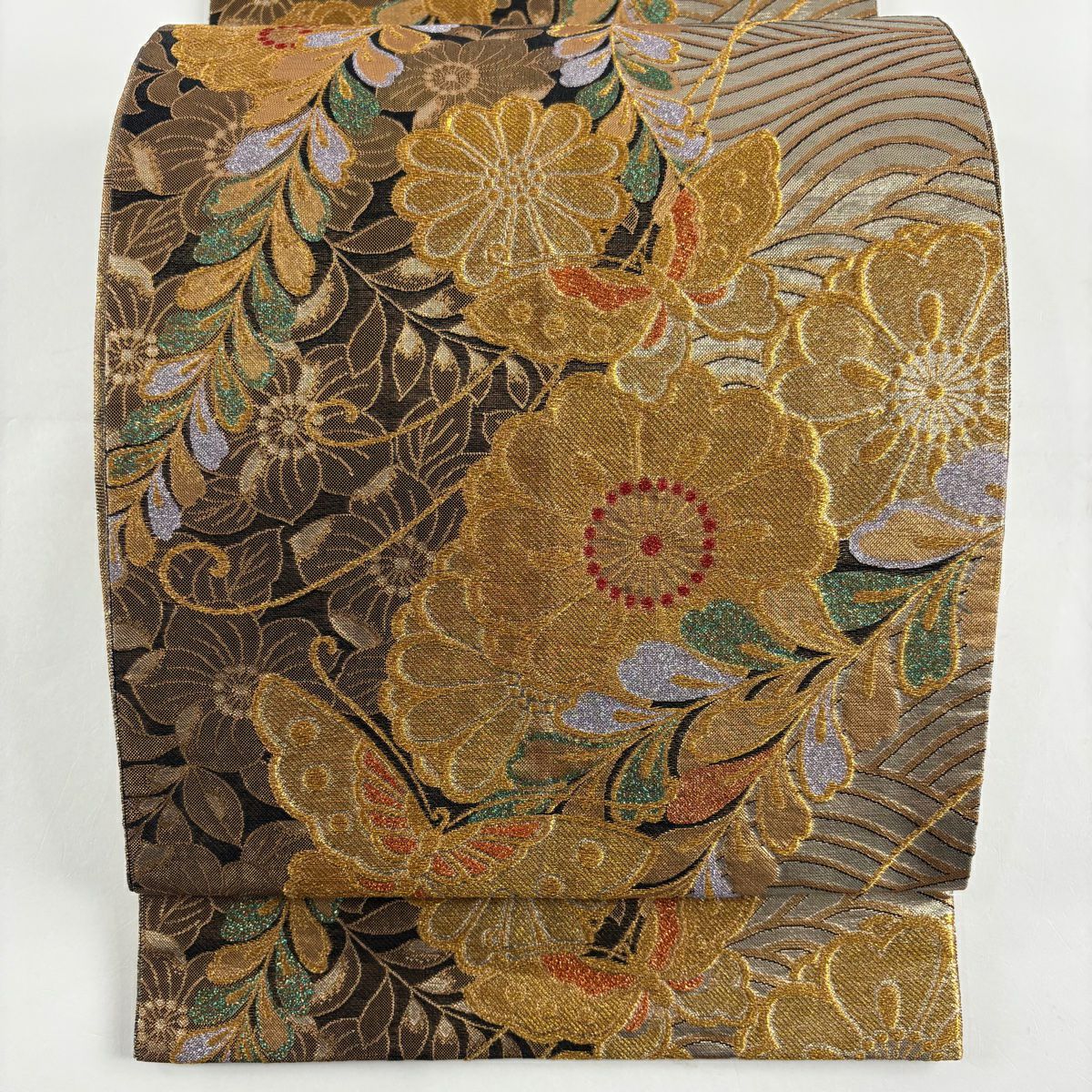 袋帶 美品 秀品級 蝶 草花紋 金絲 金金箔 金色 六通 純蠶絲