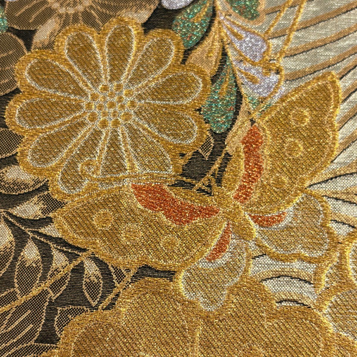 袋帶 美品 秀品級 蝶 草花紋 金絲 金金箔 金色 六通 純蠶絲