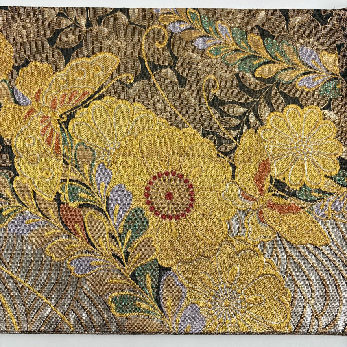 袋帶 美品 秀品級 蝶 草花紋 金絲 金金箔 金色 六通 純蠶絲