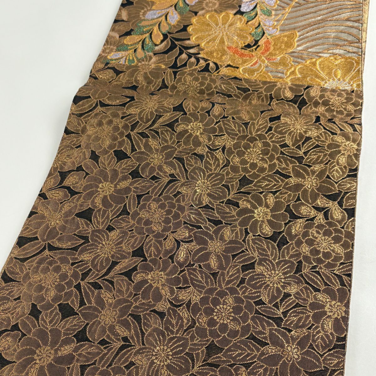 袋帶 美品 秀品級 蝶 草花紋 金絲 金金箔 金色 六通 純蠶絲
