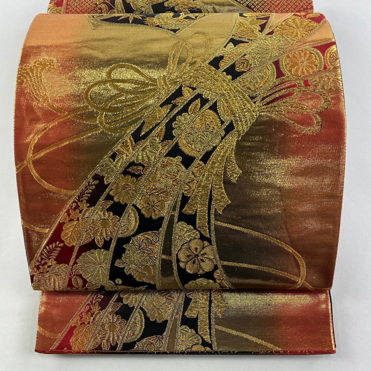 袋帶 美品 秀品級 束帶熨斗紋 花鳥 金金箔 金絲 黑 六通 純蠶絲