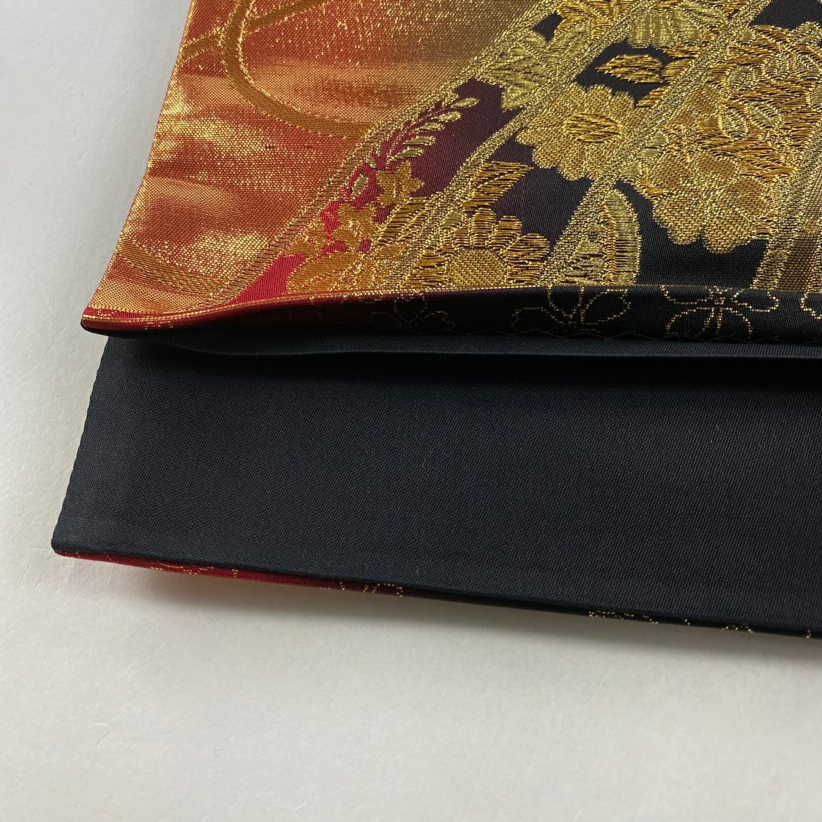 袋帶 美品 秀品級 束帶熨斗紋 花鳥 金金箔 金絲 黑 六通 純蠶絲