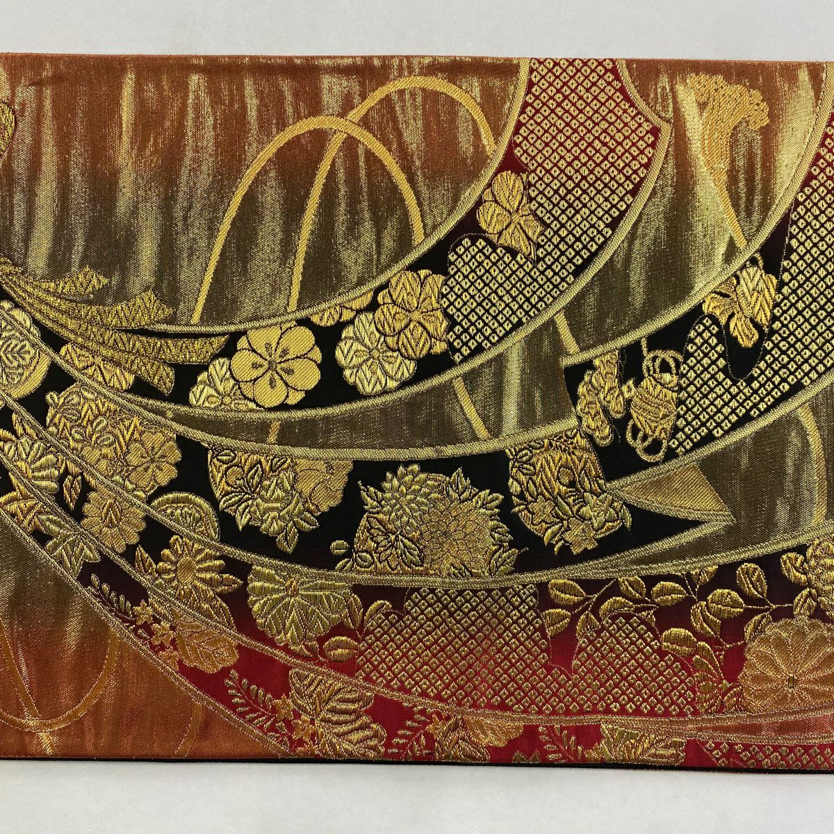 袋帶 美品 秀品級 束帶熨斗紋 花鳥 金金箔 金絲 黑 六通 純蠶絲