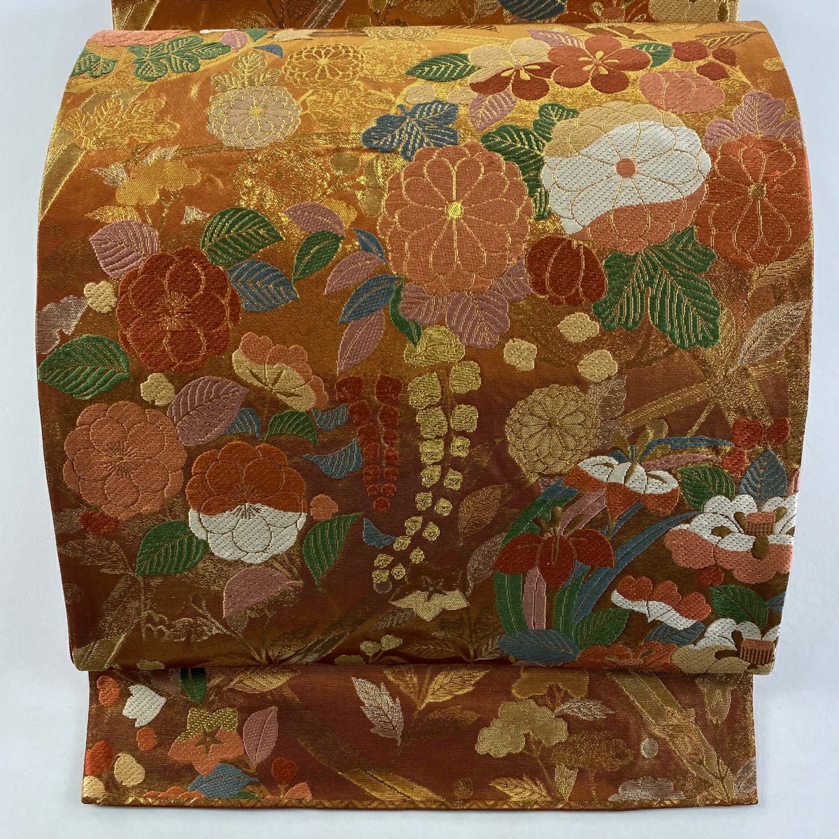 袋帶 美品 秀品級 關西仕立 花丸紋 菊花 金金箔 唐織 橙色 六通 純蠶絲