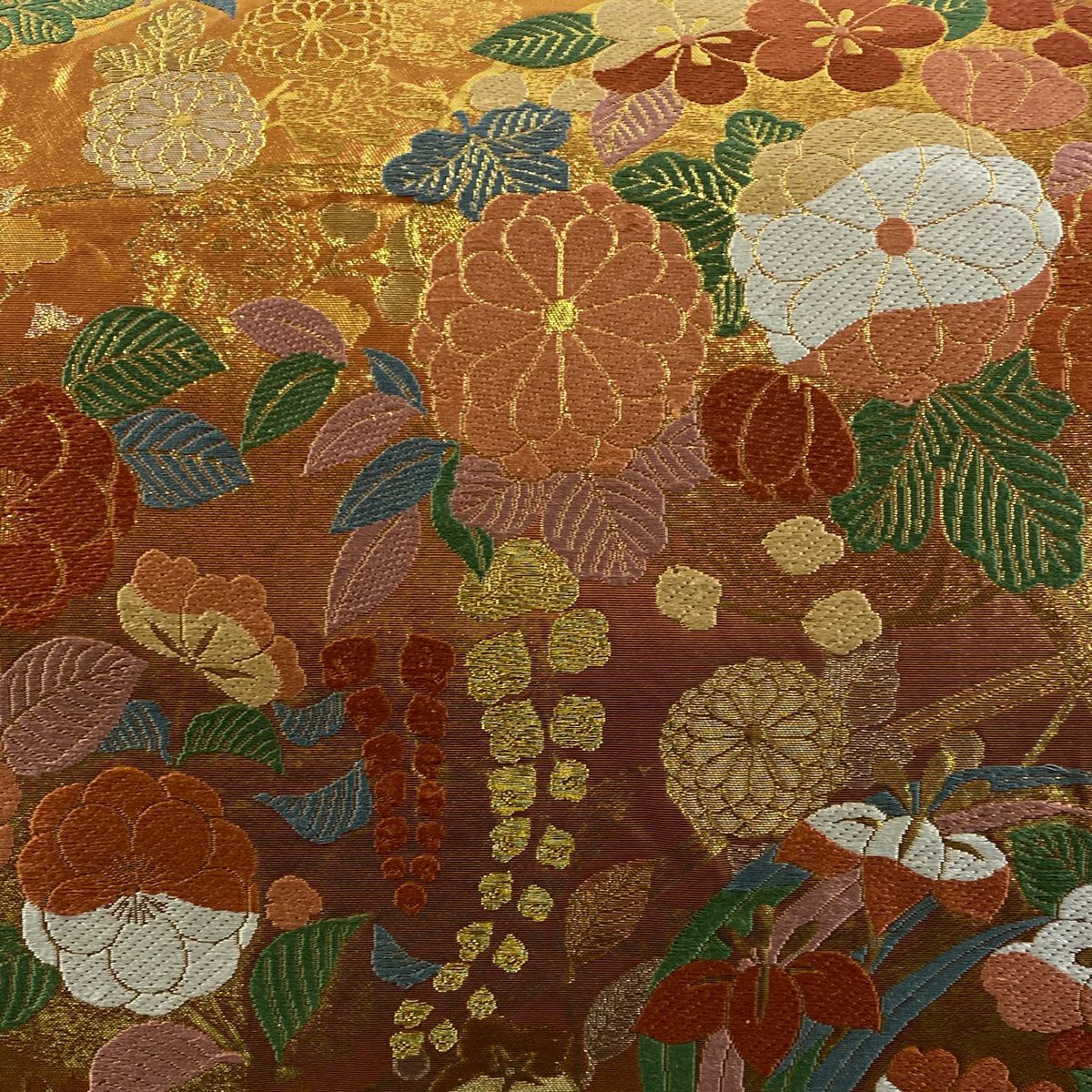 袋帶 美品 秀品級 關西仕立 花丸紋 菊花 金金箔 唐織 橙色 六通 純蠶絲