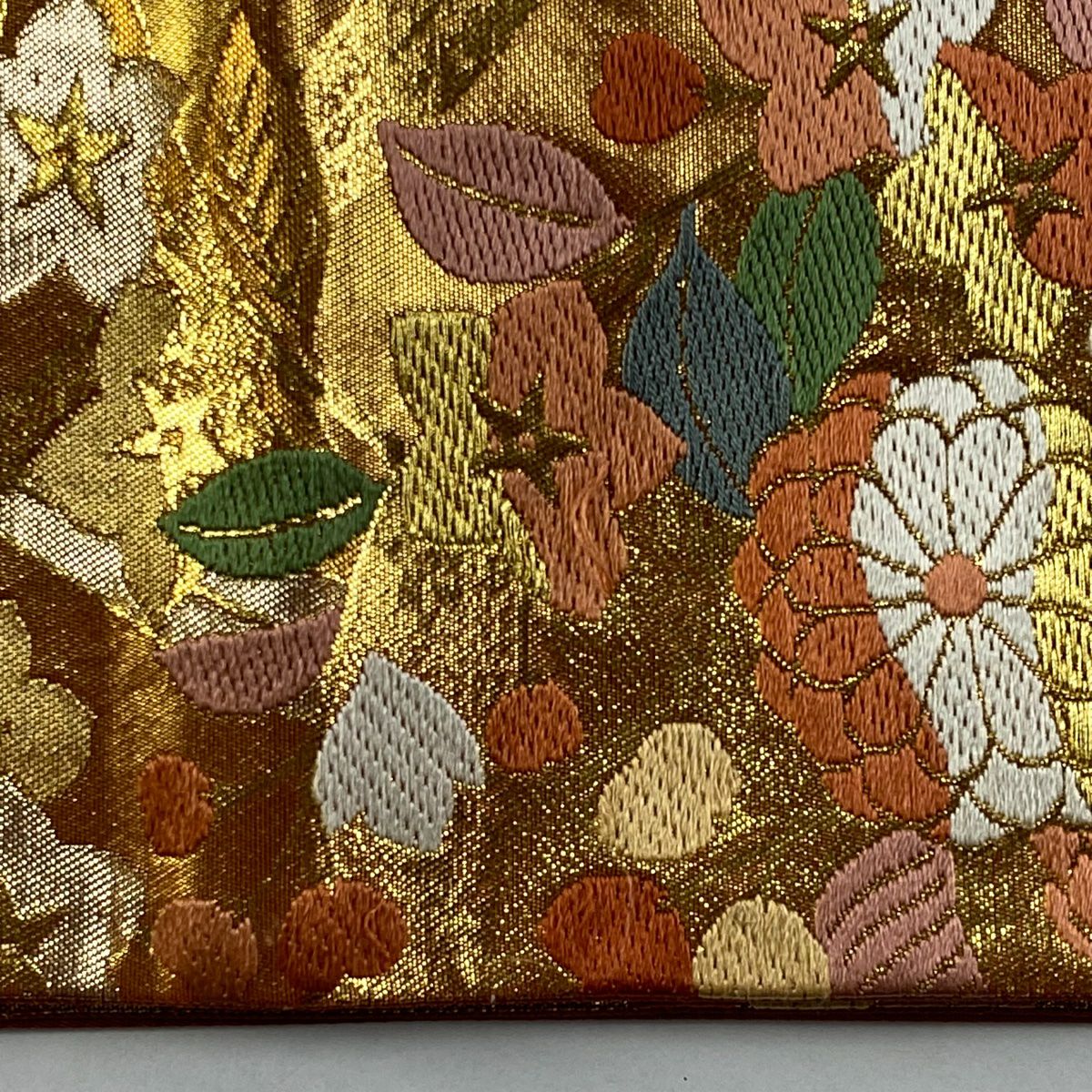 袋帶 美品 秀品級 關西仕立 花丸紋 菊花 金金箔 唐織 橙色 六通 純蠶絲