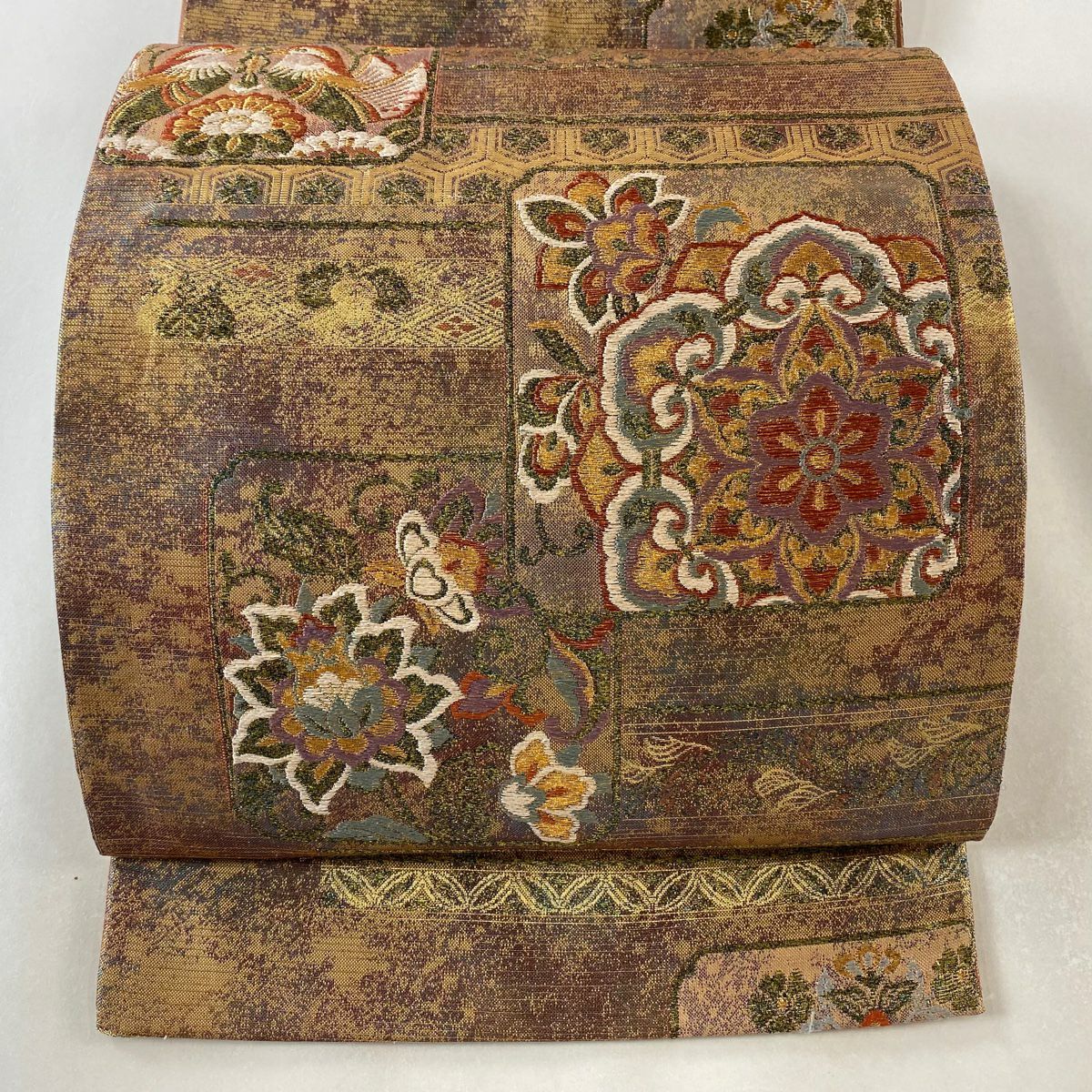 袋帶 秀品級 華紋 草花紋紋 金絲 刺繡 紫 六通 純蠶絲
