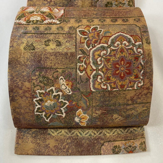 袋帶 秀品級 華紋 草花紋紋 金絲 刺繡 紫 六通 純蠶絲