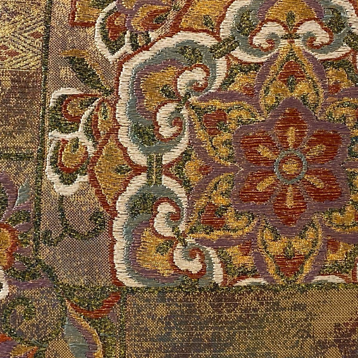 袋帶 秀品級 華紋 草花紋紋 金絲 刺繡 紫 六通 純蠶絲