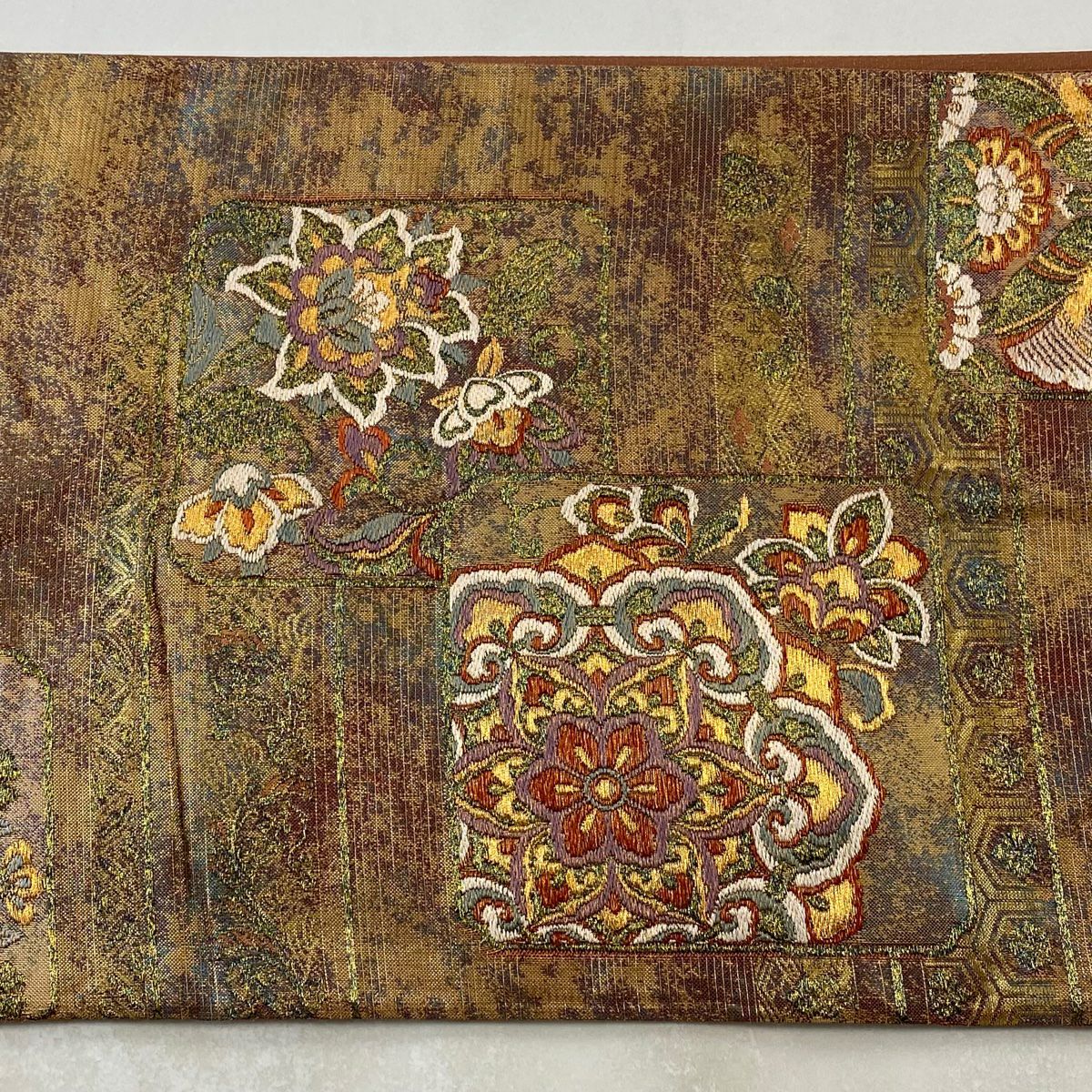 袋帶 秀品級 華紋 草花紋紋 金絲 刺繡 紫 六通 純蠶絲