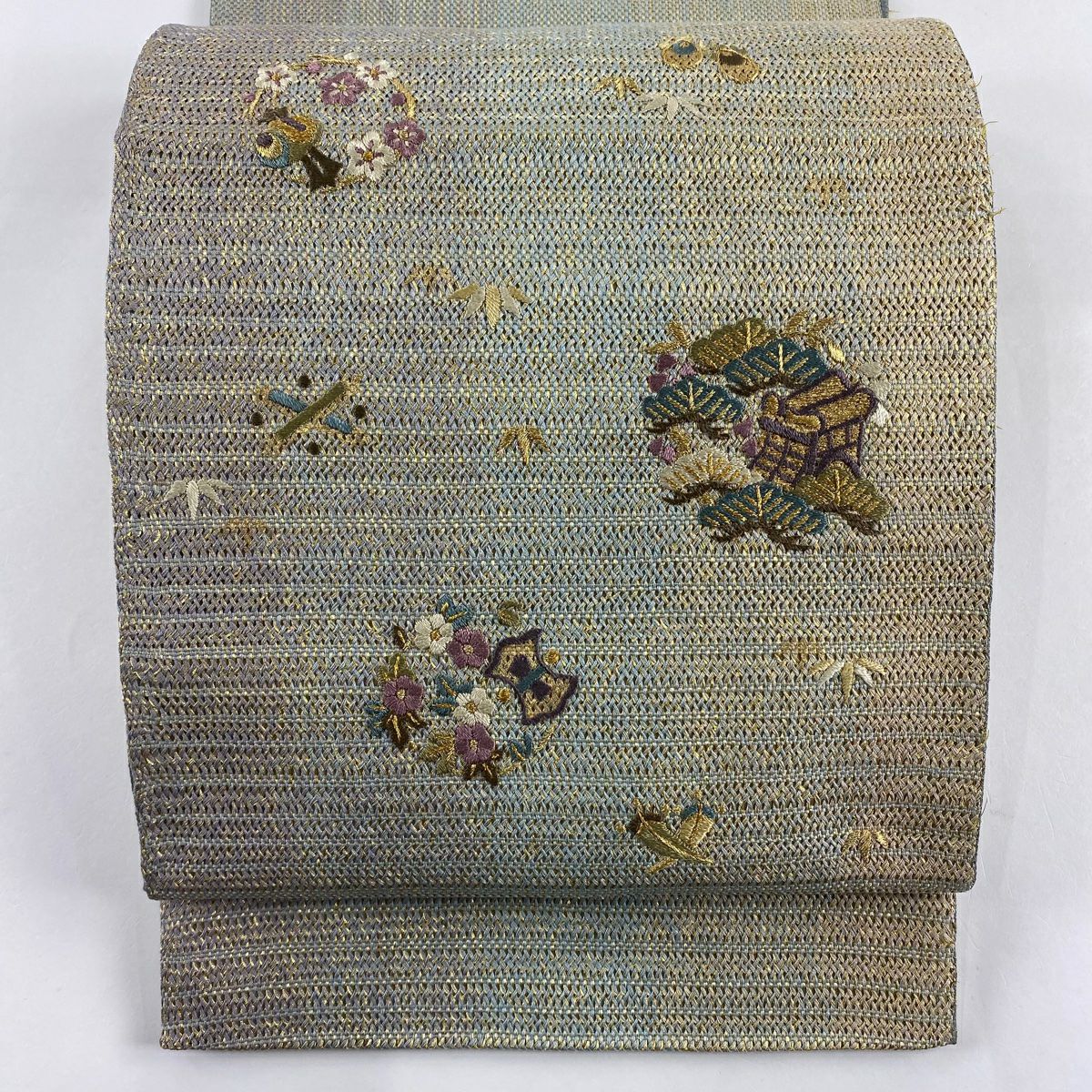袋帶 秀品級 花丸紋 松樹竹子梅花 金絲 刺繡 灰綠 お太鼓圖案 純蠶絲
