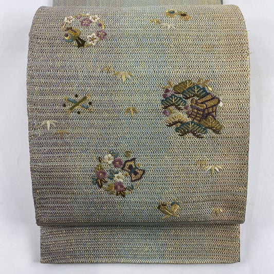 袋帶 秀品級 花丸紋 松樹竹子梅花 金絲 刺繡 灰綠 お太鼓圖案 純蠶絲