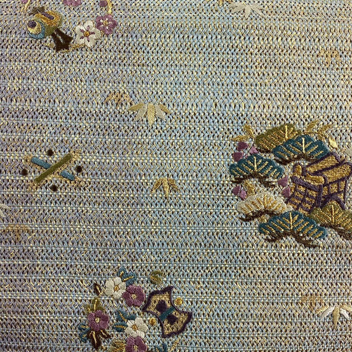 袋帶 秀品級 花丸紋 松樹竹子梅花 金絲 刺繡 灰綠 お太鼓圖案 純蠶絲