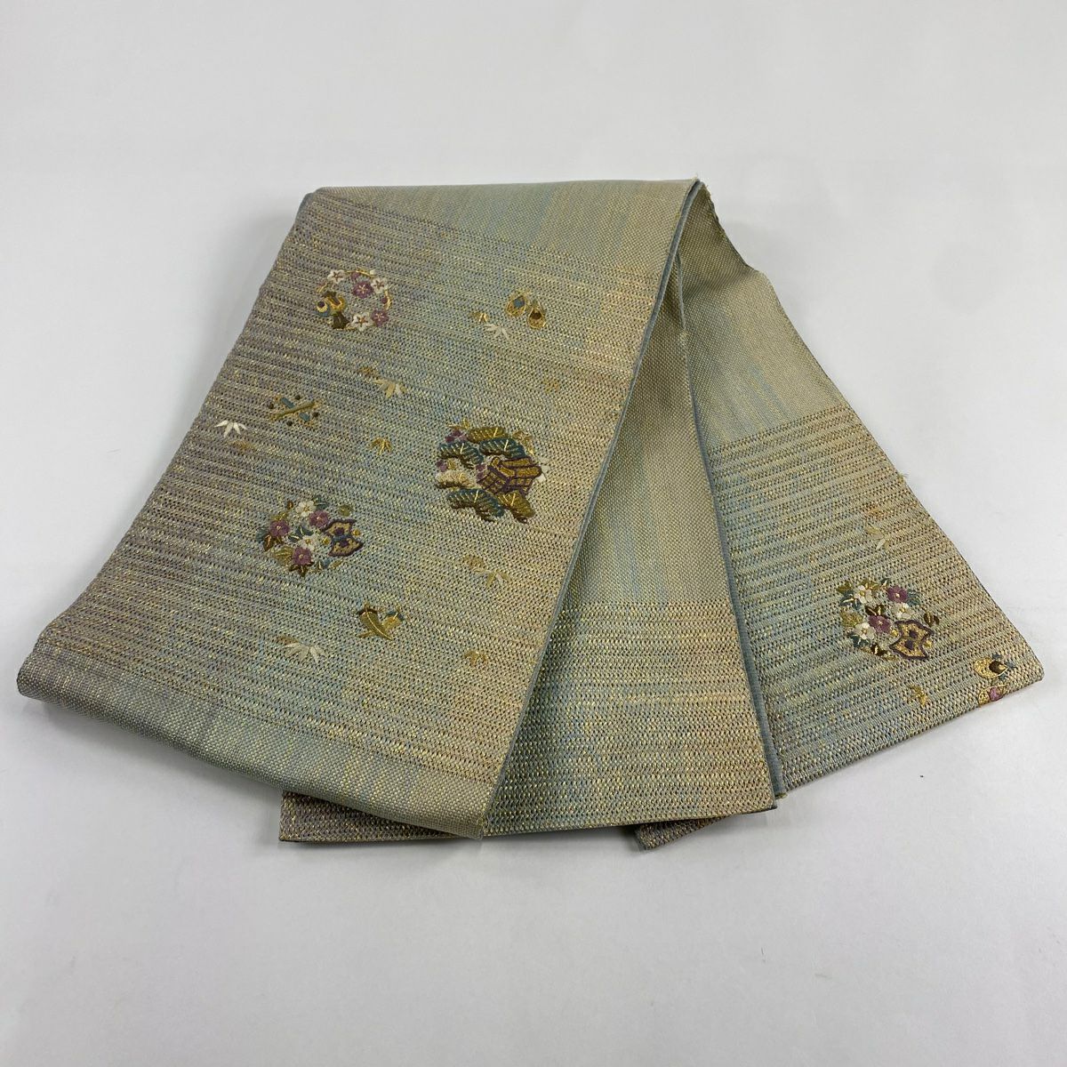 袋帶 秀品級 花丸紋 松樹竹子梅花 金絲 刺繡 灰綠 お太鼓圖案 純蠶絲